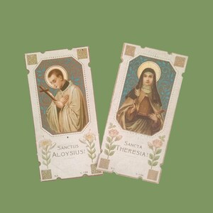 1920er Jahre, 2 passende Bilder der Heiligen Theresia und des Heiligen Aloysius, religiöse Karte, katholische Gebetskarte, Vintage-Heiliger