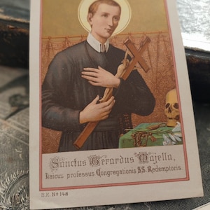 Années 1920, carte religieuse antique Gerardus Majella, carte de prière catholique, carte sainte Sanctus Gerardus Majella, chromolithographie