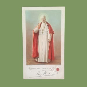 1954, Karte mit Stoffreliquie von Papst Pius X., Reliquienkarte mit echtem Stoff, Reliquie, katholische Ordenskarte, Schrein von Papst Pius X.