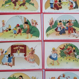 1930er Jahre, Gouppy, 10 religiöse Kinderbilder der 10 Gebote, gezeichnet von Gouppy, Belgien süße antike religiöse Kinderbilder