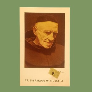 1951, Bild mit Stoffreliquie von Bruder Everardus Witte, Bruder von Megen, Niederlande, Religiöse Karte, Schreinreliquie von Everardus