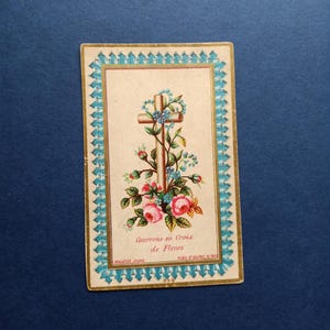 19世紀、花と十字架、フランスの宗教画、美しい色のリトグラフ、アンティークの祈りのカード、宗教画、カトリックの絵