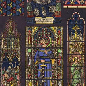 1895, glas in lood kunst 1, lithografie met glas in lood ramen uit Tournai, Chartres, Koln, Brugge, Originele Antieke Chromolitho, Brockhaus