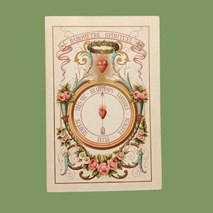 Années 1890, baromètre spirituel, carte de carnet antique originale avec baromètre, cœur sacré, fleurs, météo, carte de prière catholique