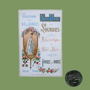 1877, Lourdes-Bild zur Erstkommunion, französisches antikes Bild, Antikes französisches Gebetsbild Kommunion Lourdes