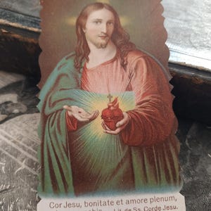Années 1920, Jésus au sacré-cœur, carte religieuse antique, carte de prière catholique, saint vintage, chromolithographie