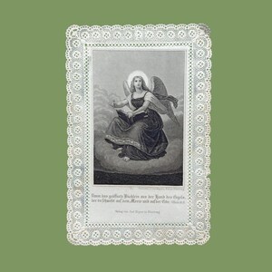 Années 1880, image Ange avec livre, image gravée en noir et blanc, carte de prière ancienne ou canivet, belle dentelle de papier avec gravure, allemand, Nuremberg
