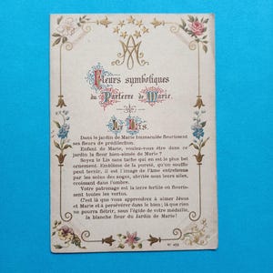 Années 1890, symbolisme des fleurs de Marie, carte de livret antique originale avec symboles de fleurs pour Marie, carte de prière catholique