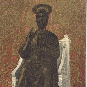 1895, originele antieke Chromolithografie Altchristliche Kunst Bronzestatue apostel Petrus uit de Sint Pieterskerk, Vaticaan, Rome