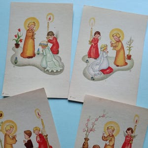 1930er Jahre, 6 religiöse Kinderbilder Erstkommunion, Kinder mit Kommunion Jesus, Belgien, süße religiöse Kinderbilder