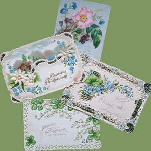 1910er Jahre, 4 chromolithographierte Grußkarten mit Relief, Spitze und Blumen für das neue Jahr, antike Grußkarten, Blumen