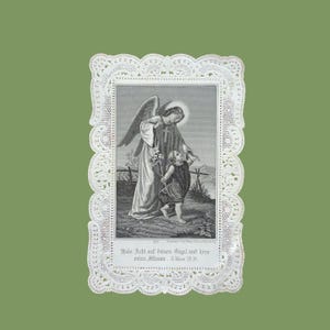 1876, image ange gardien avec enfant, gravure en noir et blanc, ancienne image de prière ou canivet, belle dentelle de papier avec gravure, Allemagne