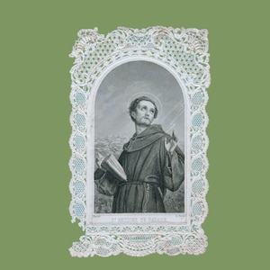 1880's, prentje Antonius van Padua, zwart wit gravure prentje, Antieke gebedskaart of canivet, fraai papier kant met gravure, Frans