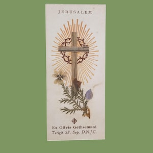 Carte ancienne de Jérusalem, ex olivis gethsemani, bois d'olivier de Jérusalem, Jérusalem, Israël, carte de prière catholique, années 1920