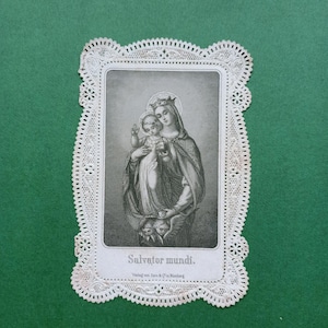 Années 1880, Marie avec Jésus, Salvator mundi, gravure en noir et blanc, carte de prière ancienne ou canivet, belle dentelle en papier avec gravure, allemand