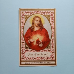 19ème siècle, Image et litanie Sacré-Cœur de Jésus, Ave Cor jesu, belle lithographie couleur, Carte de prière antique, image religieuse