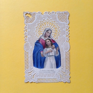 Années 1880, Carte de prière/canivet antique, très belle dentelle de papier avec lithographie centrale, tableau sacré français original du 19ème siècle