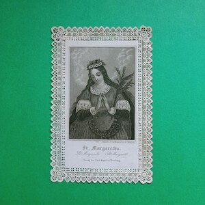 Années 1880, Sainte Marguerite, Sainte Marguerite, gravure en noir et blanc, carte de prière ancienne ou canivet, belle dentelle en papier avec gravure, allemand