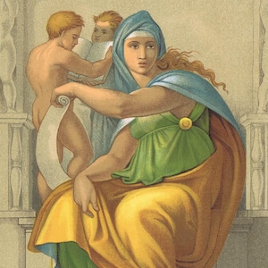 1891, antike Lithographie Die Sibylle von Delphi: Fresko von Michel Angelo, Lithographie aus der National Encyclopaedia, London