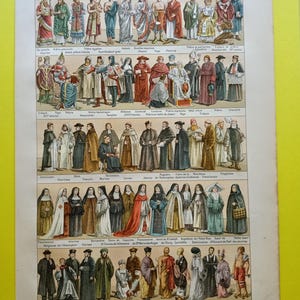 1905, antieke prent met religieuze kleding, uit Larousse encyclopedie, kleding religieuze orden, kleding pastoor