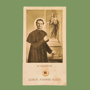 1930's, prentje met stof relikwie van  Don Bosco, Relikwie, Religieuze katholieke kaart, heiligdom Don bosco