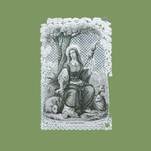 1880's, zwart wit gravure prentje van de Heilige Genoveva van Parijs, sainte Geneviève, papieren kant prentje of canivet, fraai papier kant
