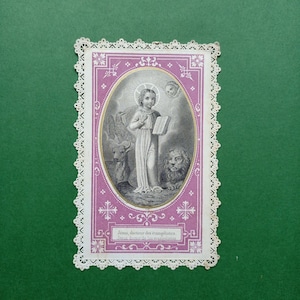 Década de 1880, cuadro antiguo Jesús, Jesús doctor de los evangelistas, cuadro grabado en blanco y negro, Estampa de oración antigua o canivet, hermoso encaje de papel