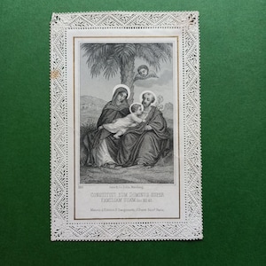 1880, Canivet/carte de prière antique, très belle dentelle de papier avec gravure centrale, Sainte Famille, tableau sacré français original 19ème siècle