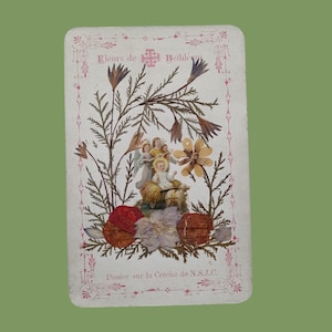 1920 年代、イスラエルのベツレヘムの本物の花の写真、花を持つ幼子イエスの宗教カード、カトリックの祈祷カード
