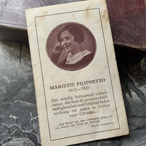 1931, Maria filippetto heilige 1912 1927, Relikwie, Religieuze katholieke kaart, heiligdom reliekschrijn relikwie van de stof van Filippetto