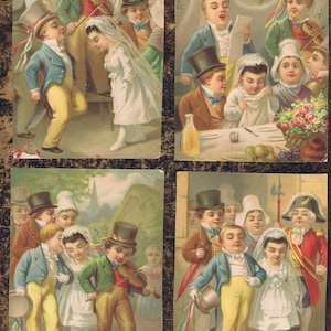 19e eeuw, 4 chromo lithografie met thema huwelijk, trouwen, antieke kaarten trouwpartij of huwelijkssluiting, Originele Antieke Chromolitho