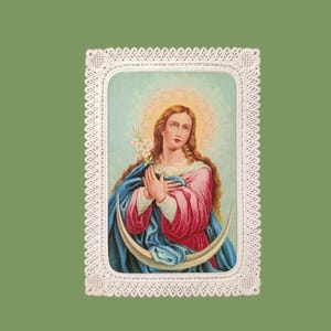 1880's , Maagd Maria onbevlekt ontvangen, Antieke gebedskaart of canivet, papier kant met centrale litho, Frans heiligprentje, echt 19e eeuw