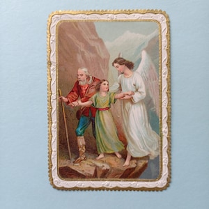 Années 1880, Ange Gardien, Carte de prière antique ou canivet, belle dentelle de papier avec lithographie centrale, Français image sainte originale du 19ème siècle