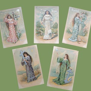 Années 1910, 5 cartes postales en relief patience, espoir, amour, paix, innocence, cartes postales chromo lithographiques, carte postale victorienne ancienne