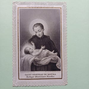 Années 1880, Saint Stanislas de Kostka, gravure en noir et blanc, ancienne carte de prière ou canivet, belle dentelle de papier avec gravure, allemand
