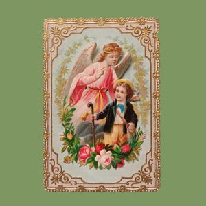 Années 1880, Ange gardien, ancienne image de prière ou canivet, belle dentelle de papier avec lithographie centrale, image pieuse française originale du 19e siècle