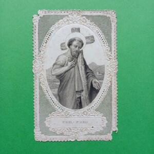 Années 1880, image Saint Dismas, Dismas, image gravée en noir et blanc, ancienne image de prière ou canivet, belle dentelle de papier avec gravure, français