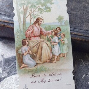 1923, Imagen de Jesús con niños, Dejad que los niños vengan a mí, estampa religiosa antigua, estampa de oración católica, cromolitografía