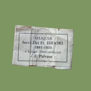 Antiek papier Passionisten reliekschrijn van B. Isidorus van St. Joseph, patroon van kankerpatiënten