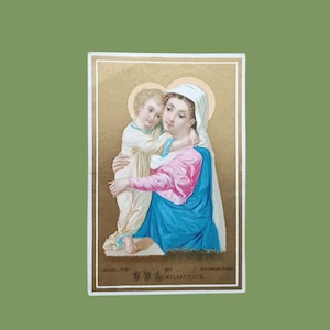 1882, französisches Bild Maria und Jesus, ND Auxiliatrice, mit Jesuskind, Goldlithographie, antike Gebetskarte, Maria-Bild