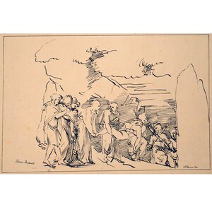 May include: A black and white line drawing of a group of people carrying a body on a stretcher. The scene is set in a rocky landscape with a large tree in the background. The drawing is signed "Denis Diderot" in the lower left corner.