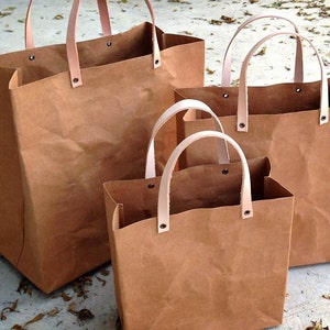 SET BORSE PER LA SPESA in carta Kraft lavabile con manici in pelle naturale Design ecologico, Borsa per la spesa, Borsa per il pranzo