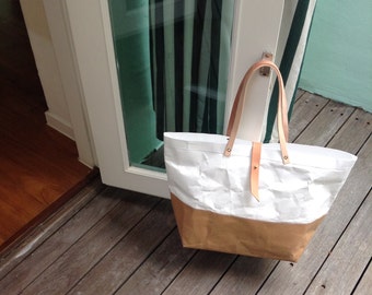Washable Kraft Paper Tote Bag, Tyvek, Leather Handles, Lightweight Everyday Bag