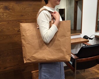 Tote Bag Grand : Tyvek and Kraft paper brown tote bag/market bag/shoulder bag/shopper bag/top handle bags/washable and eco friendly