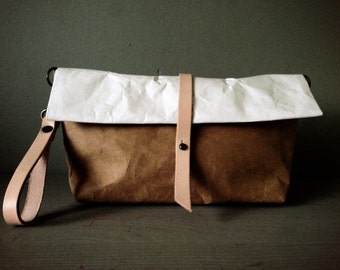 Roll Bag : Tyvek and Kraft clutch paper bag long strap/crossbody bag/leather wristlet with detachable shoulder bag strap