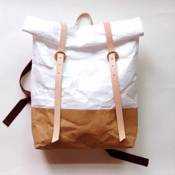 Backpack : Tyvek and Kraft paper roll top backpack/travel bag/beach bag/washable bag/lightweight and eco friendly