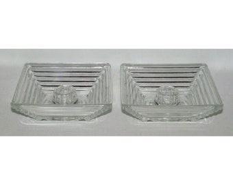 Anchor Hocking MANHATTAN Horizontal Ribbed Crystal Pair Square Candle Holders