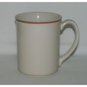 May include: A plain white ceramic mug with a brown rim. The mug has a rounded handle.