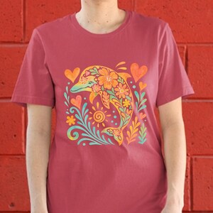 Comfort Colors® Boho Floral Dolphin T-Shirt, Vibrant Watercolor Dolphin Tee with Tropical Flowers, Ocean Spirit Animal, Beachy Hippie Summer