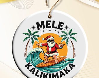 Mele Kalikimaka Surfing Santa Ornament, Tropical Beach Christmas Decor, Hawaiian Xmas Gift
